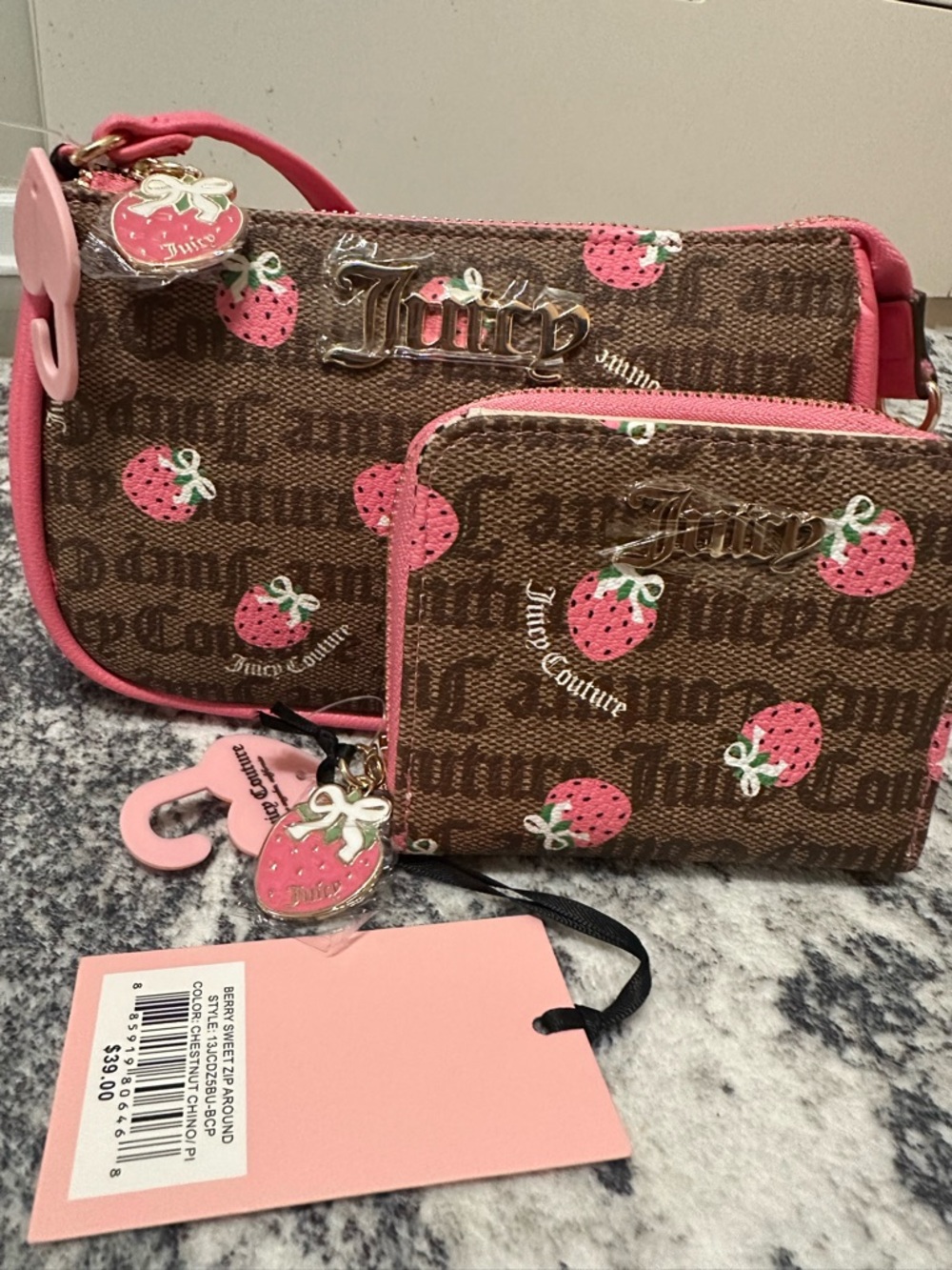 Juicy Couture Brown Canvas Strawberry Print Wristlet & Zip Wallet - Pink Accents